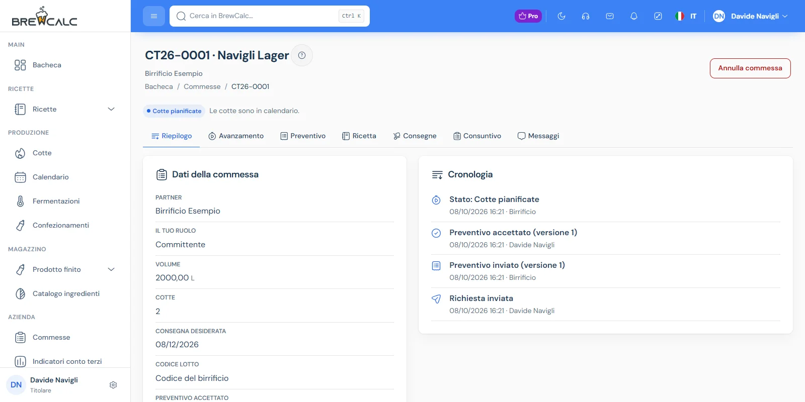 Commessa conto terzi in BrewCalc: dati della commessa e cronologia condivisa tra Beer Firm e birrificio