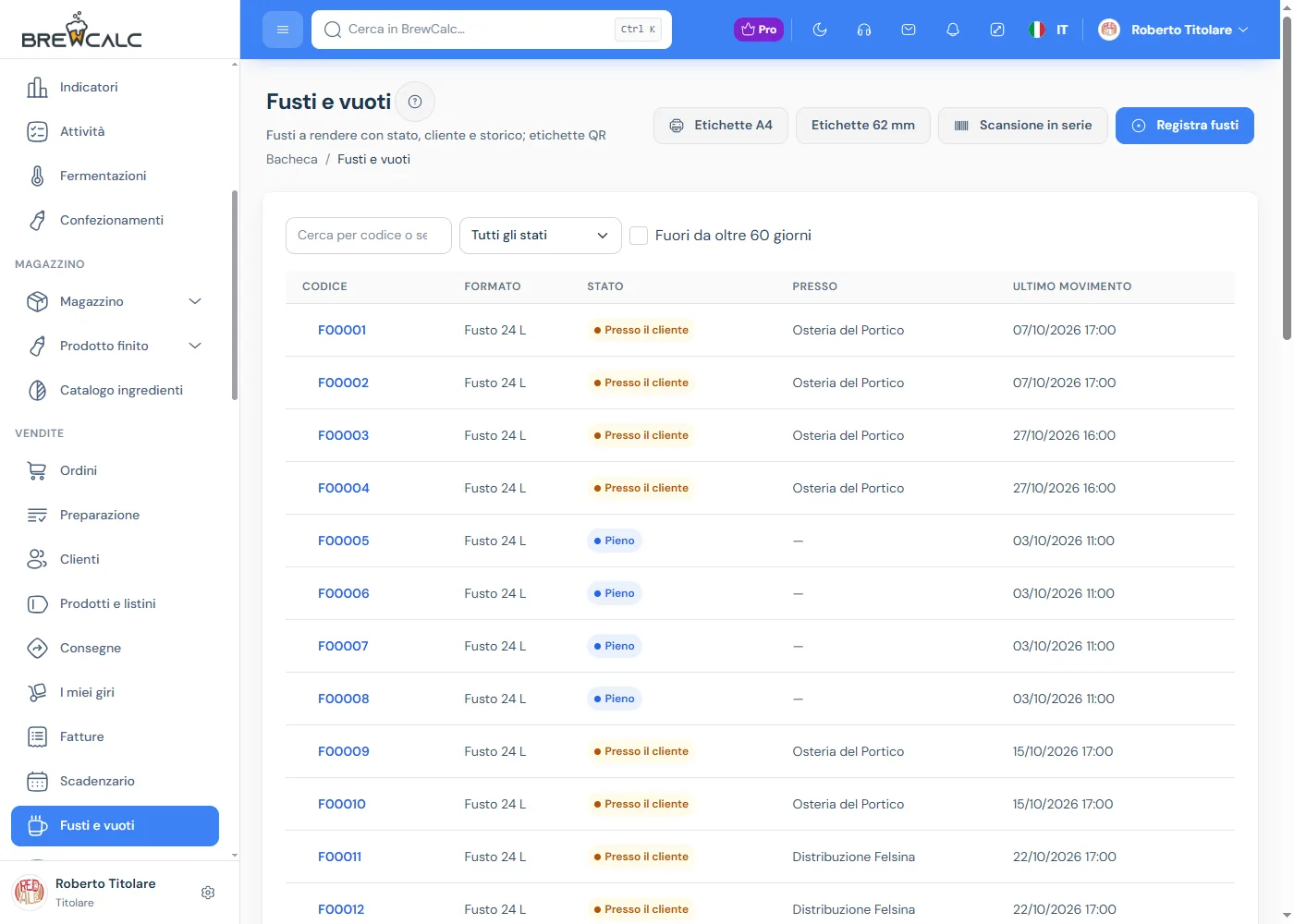 Fusti e vuoti in BrewCalc: codice, formato, stato, cliente presso cui si trova e ultimo movimento