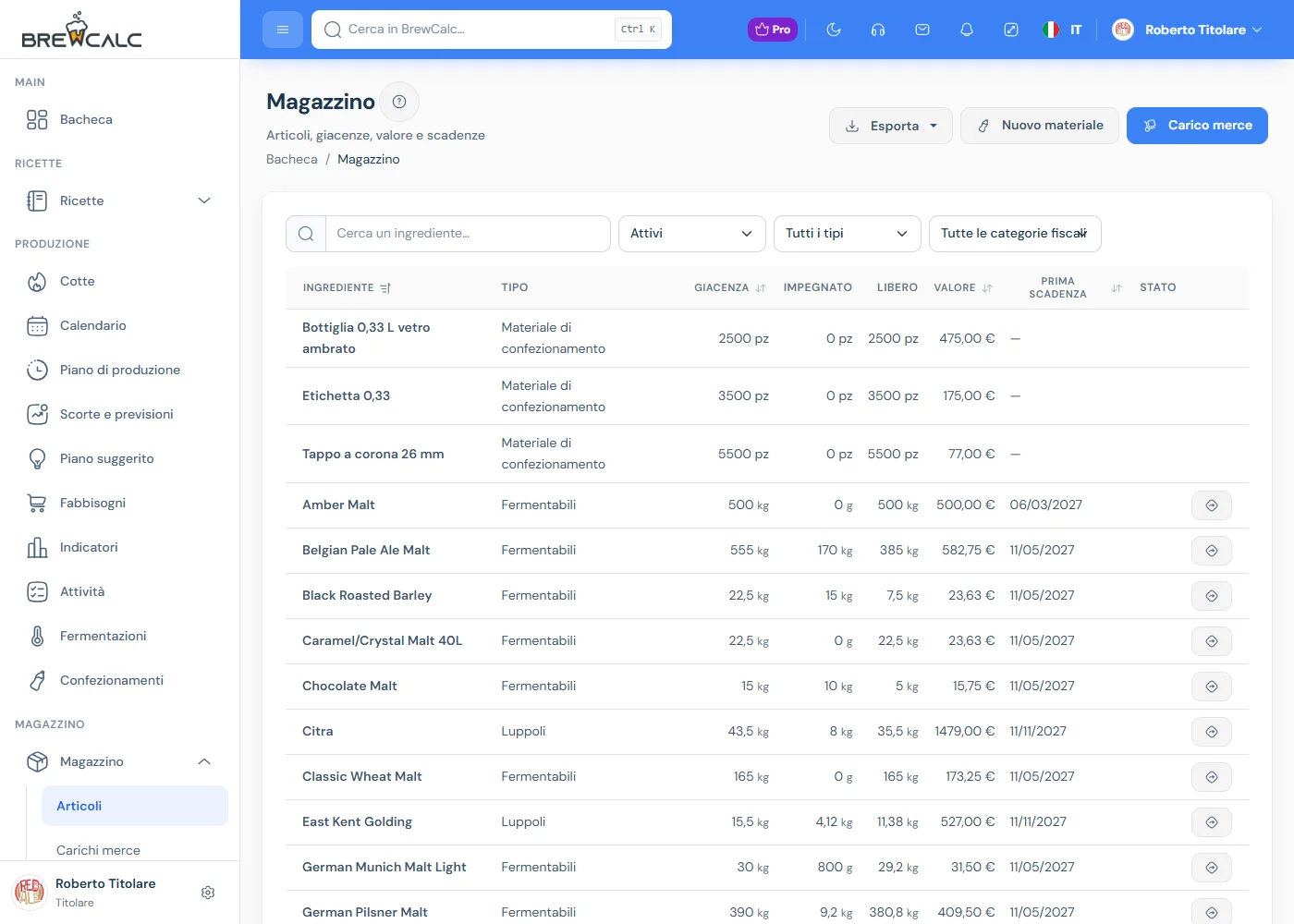 Magazzino di BrewCalc: giacenze per articolo con impegnato, libero, valore e prima scadenza