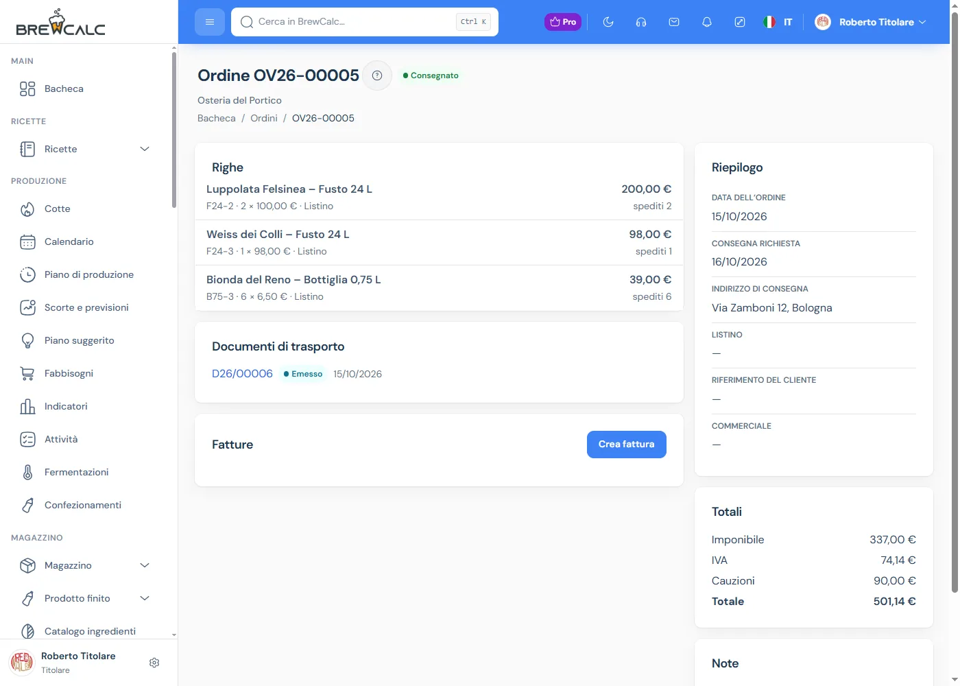 Ordine di vendita in BrewCalc: righe con i prezzi del listino, DDT collegato, cauzioni dei fusti e totali
